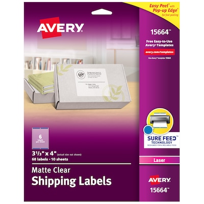 Avery Easy Peel Laser Shipping Labels, 3-1/3 x 4, Clear, 6 Labels/Sheet, 10  Sheets/Pack, 60 Label
