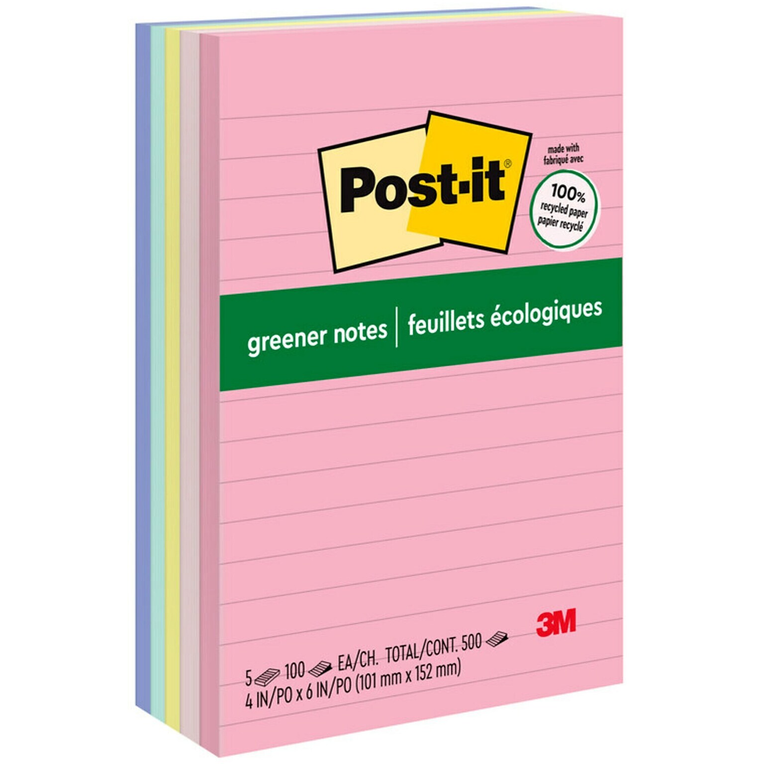 Post-it Greener Recycled Notes, 4 x 6, Sweet Sprinkles Collection, Lined, 100 Sheet/Pad, 5 Pads/Pack (6605PKRPA)