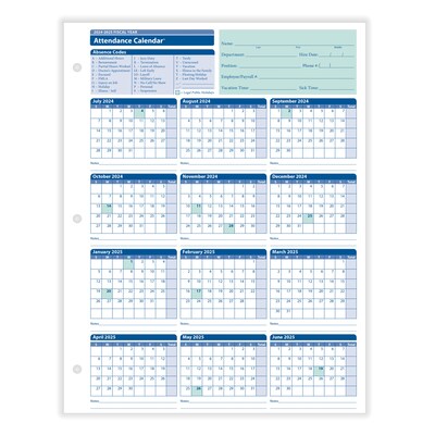 ComplyRight 2024-2025 Fiscal Attendance Calendar, 50/Pack (A42005015)
