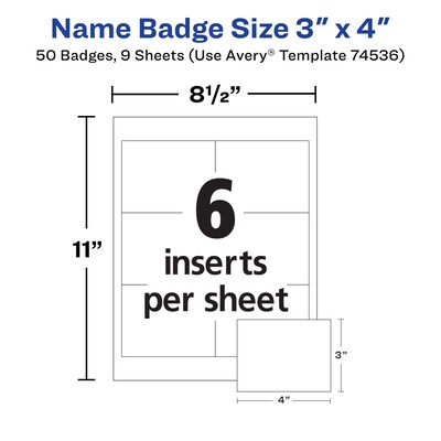 Avery Clip Style Laser/Inkjet Name Badge Kit, 3" x 4", Clear Holders with White Inserts, 50/Box (74536)