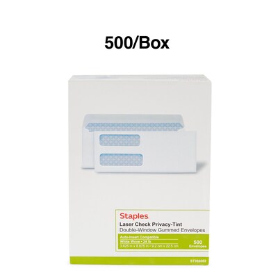 Staples Laser Check Gummed Security Tinted #9 Double-Window Envelopes, 3 5/8" x 8 7/8", Wove White, 500/Box (394062/19045)