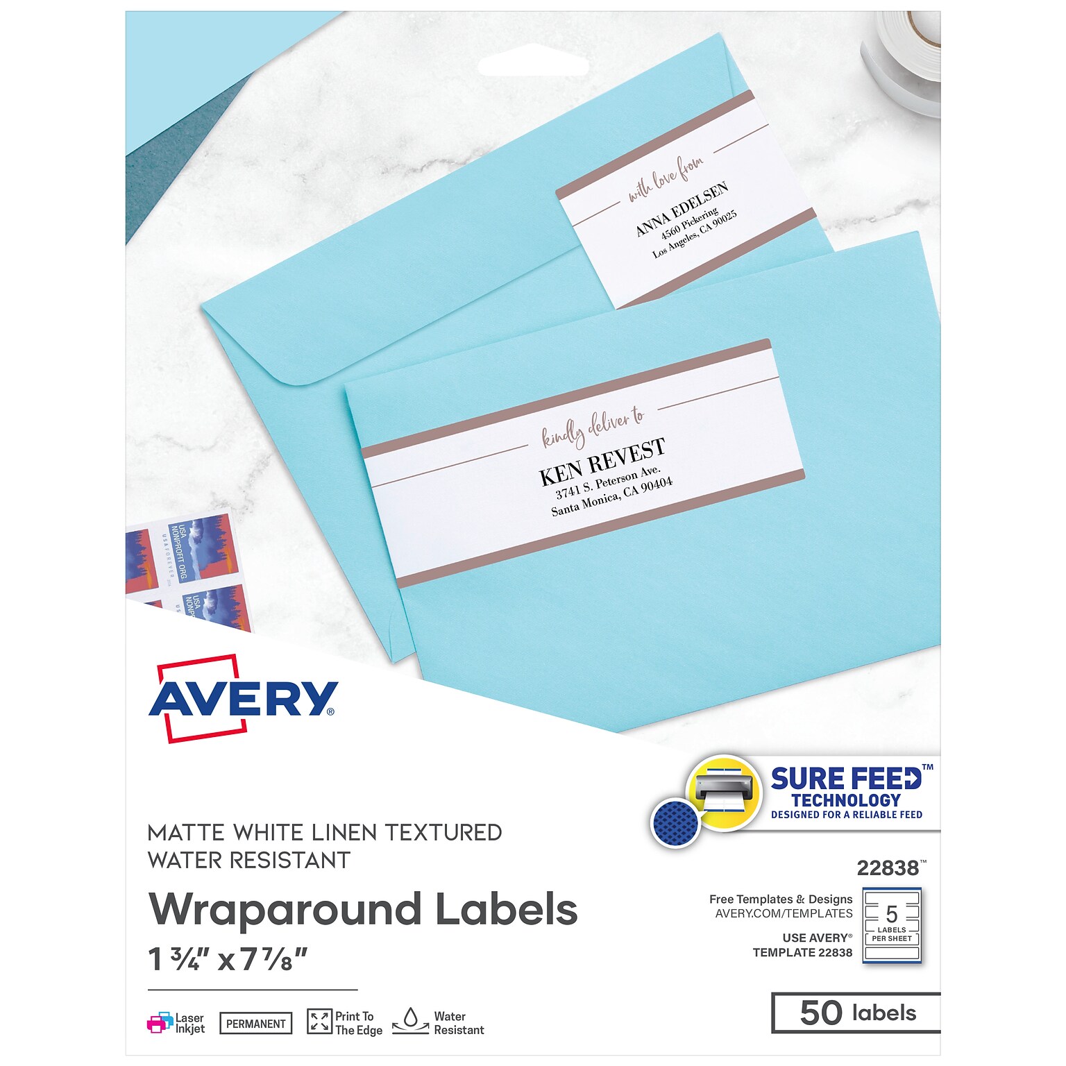 Avery Print-to-the-Edge Laser/Inkjet Labels, 7.85 x 1.75, White, 5 Labels/Sheet, 10 Sheets/Pack, 50 Labels/Pack (22838)