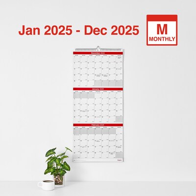 2025 Staples 12 x 27 Wall Calendar, Red/White (ST53920-25)