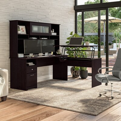 Bush Furniture Cabot 72"W 3 Position Sit to Stand L Shaped Desk with Hutch, Espresso Oak (CAB052EPO)