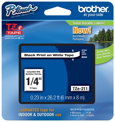Brother P-touch TZe-211 Laminated Label Maker Tape, 1/4 x 26-2/10, Black On White (TZe-211)
