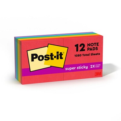 Post-it Super Sticky Notes, 3 x 3, Playful Primaries Collection, 90 Sheet/Pad, 12 Pads/Pack (65412