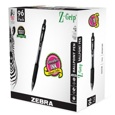 Zebra Z-Grip Retractable Ballpoint Pen, Medium Point, 1.0mm, Black Ink, 96/Pack (22196)