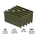 Staples® 95% Recycled  Heavy Duty Hanging File Folders, 1/5-Cut Tab, Legal Size, Standard Green, 25/