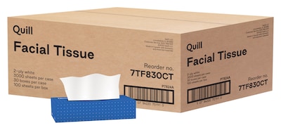 Quill Brand® Flat Box Facial Tissue, 2-Ply, White, 100 Sheets/Box, 30 Boxes/Carton (7TF830-QCCCT)
