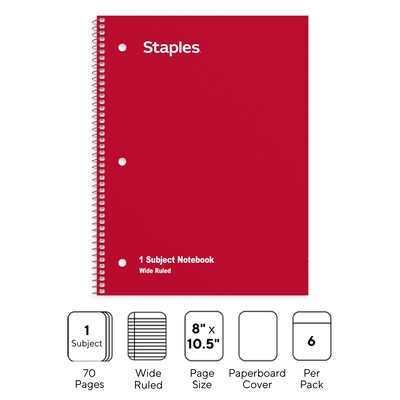 Staples 1-Subject Notebooks, 8 x 10.5, Wide Ruled, 70 Sheets, Assorted Colors, 72/Pack (TR11667CT)