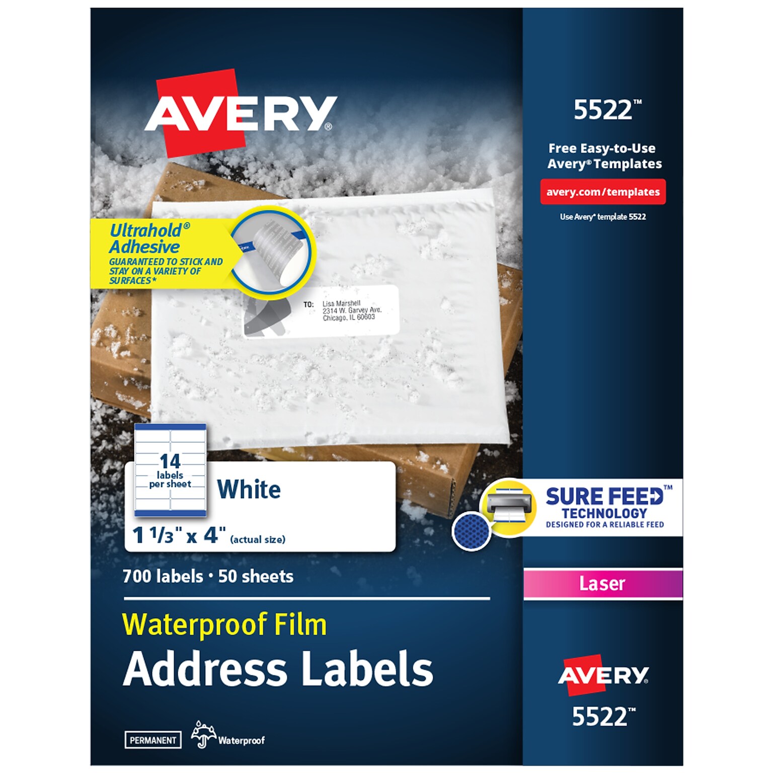 Avery Waterproof Laser Address Labels, 1-1/3 x 4, Matte White, 14 Labels/Sheet, 50 Sheets/Box (5522)
