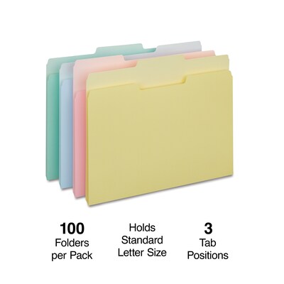 Staples® File Folders, 1/3-Cut Tab, Letter Size, Assorted Pastels, 100/Pack (ST459684-CC)