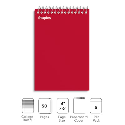 Staples® Memo Pads, 4" x 6", College Ruled, Assorted Colors, 50 Sheets/Pad, 5 Pads/Pack (TR11494)