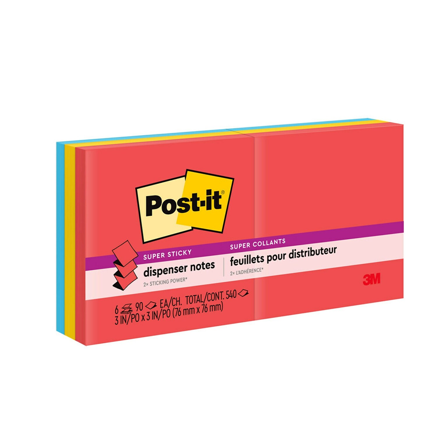 Post-it Super Sticky Pop-up Notes, 3 x 3, Playful Primaries Collection, 90 Sheet/Pad, 6 Pads/Pack (R330-6SSAN)