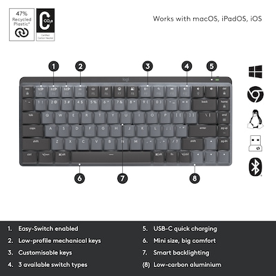 Logitech MX Mechanical Mini Illuminated Wireless Ergonomic Keyboard, Black/Gray (920-010552)