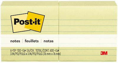 Post-it Sticky Notes, 3 x 3 in., 6 Pads, 100 Sheets/Pad, Lined, The Original Post-it Note, Canary Ye