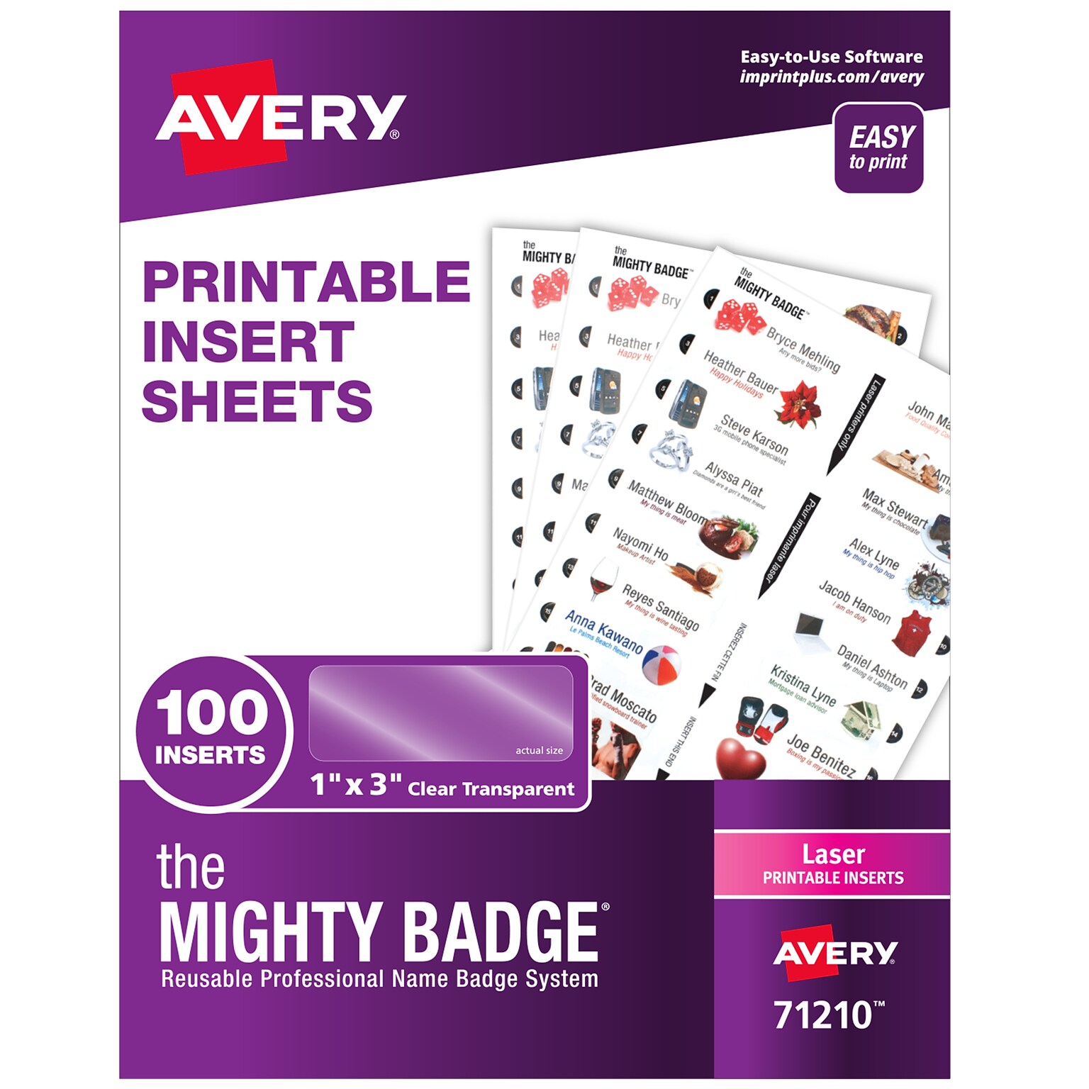 Avery The Mighty Badge Laser Printable Insert Sheets, 1 x 3, Clear, 20 Inserts/Sheet, 5 Sheets/Pack, 100 Inserts/Pack (71210)