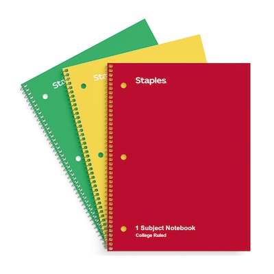Staples 1-Subject Notebook, 8 x 10.5, College Ruled, 70 Sheets, Assorted Colors, 3/Pack (ST58375)