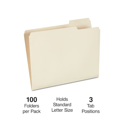 Staples® 30% Recycled File Folders, 1/3-Cut Tab, Letter Size, Manila, 100/Box (ST116822/116822)