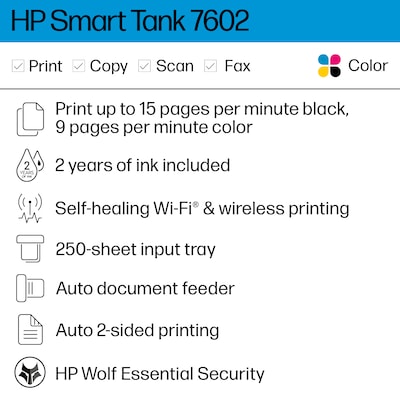 HP Smart Tank 7602 Wireless All-in-One Color Ink Tank Printer Scanner Copier Fax, Best for Home Office, 2 years of ink (28B98A)