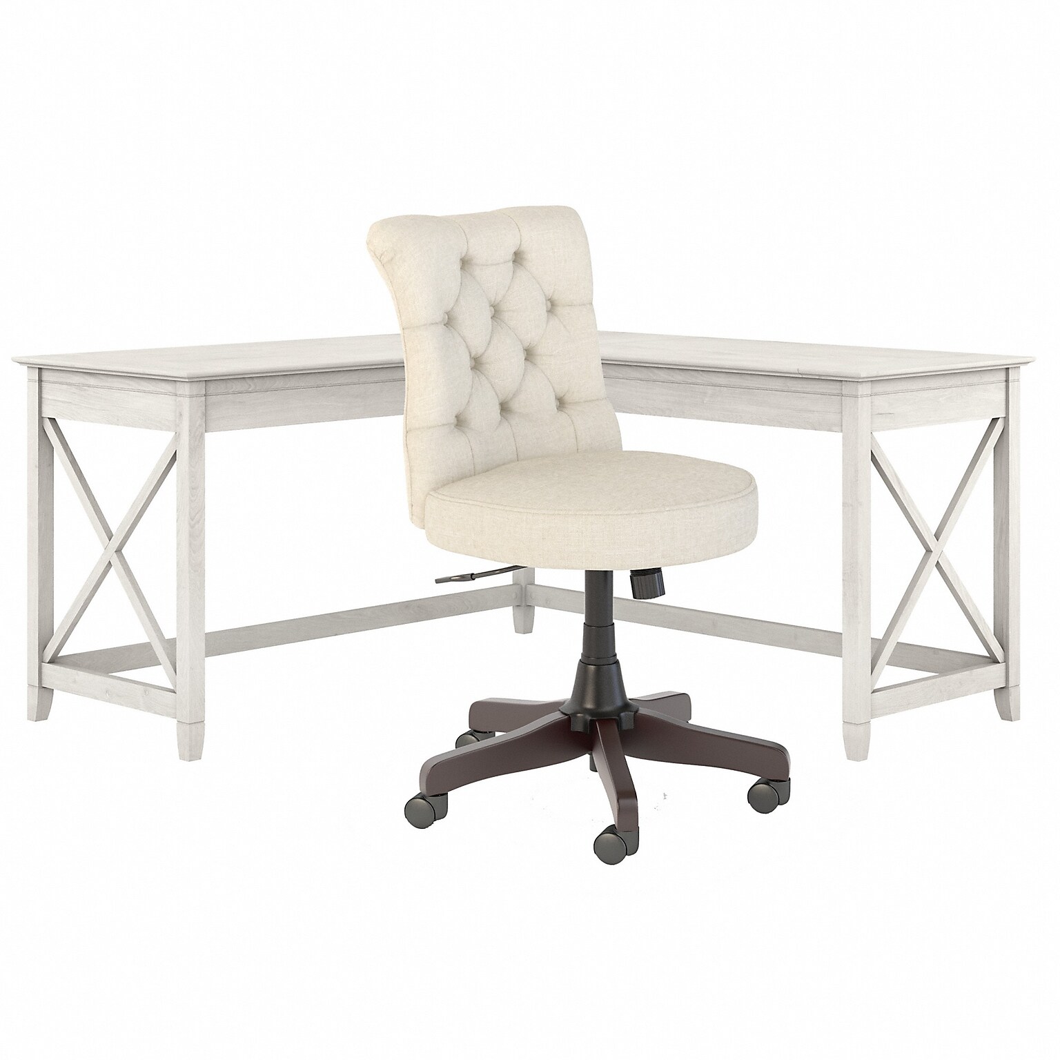 Bush Furniture Key West 60W L Shaped Desk with Mid Back Tufted Office Chair, Linen White Oak (KWS045LW)