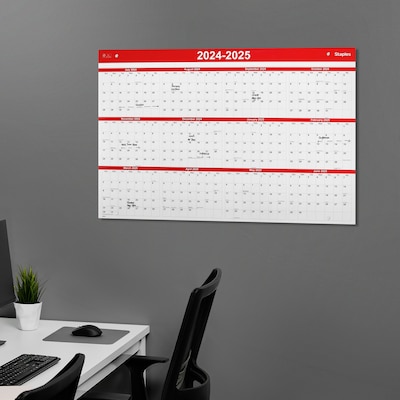 2024-2025 Staples 32" x 48" Academic Yearly Dry-Erase Wall Calendar, Red/White (ST54274-23)