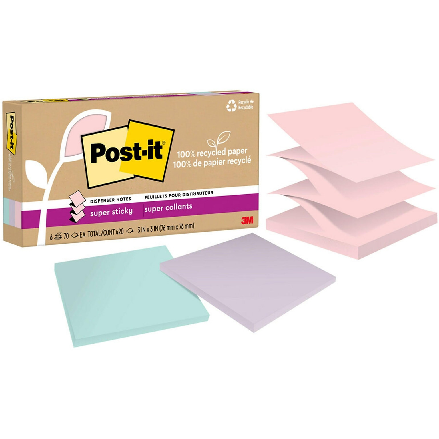 Post-it Recycled Super Sticky Pop-up Notes, 3 x 3, Wanderlust Pastels Collection, 70 Sheet/Pad, 6 Pads/Pack (R330R-6SSNRP)