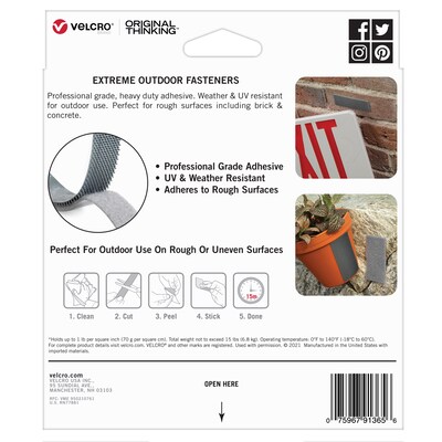 Velcro® Brand Extreme Outdoor 1" x 10' Hook & Loop Fastener Roll, Titanium (91365)