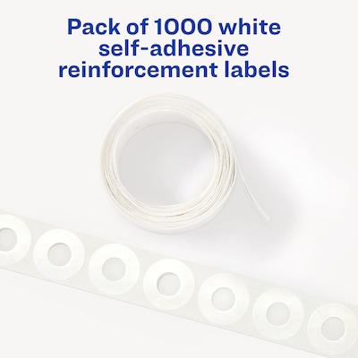 Avery Self-Adhesive Plastic Reinforcement Labels in Dispenser, 1/4 Diameter, Matte White, 1000/Pack