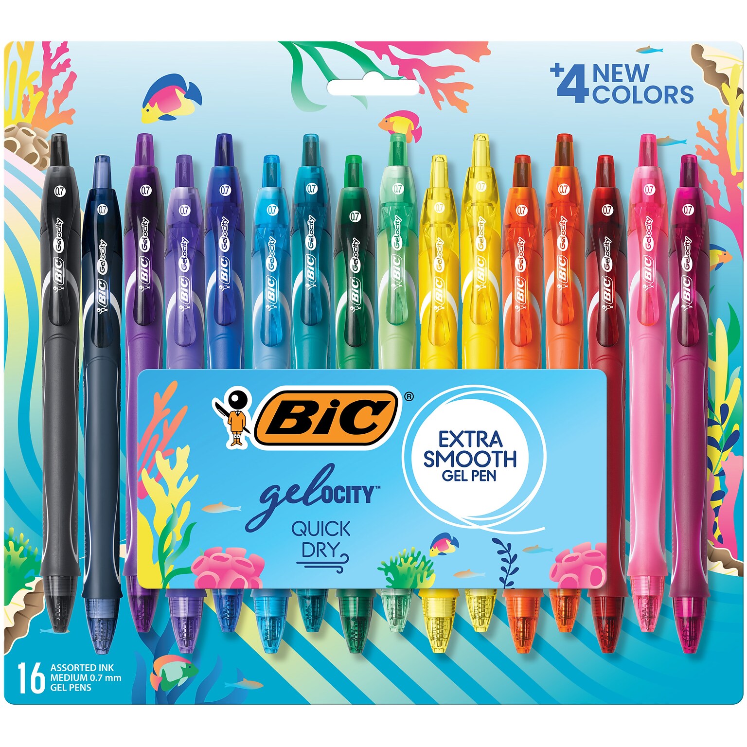 BIC Gel-ocity Quick Dry Retractable Gel Pens, Medium Point, 0.7mm, Assorted Inks, 16/Pack (RGLCGA16-AST)