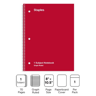 Staples 1-Subject Notebook, 8" x 10.5", Graph Ruled, 70 Sheets, Red (TR23984)