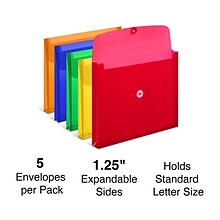 Staples Plastic Filing Envelopes with Button & String Closure, Letter Size, Assorted Colors, 5/Pack