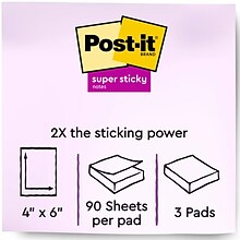 Post-it Recycled Super Sticky Notes, 4 x 6, Wanderlust Pastels Collection, Lined, 90 Sheet/Pad, 3