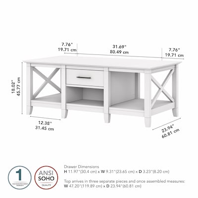 Bush Furniture Key West 47" x 24" Coffee Table with Storage, Pure White Oak (KWT148WT-03)