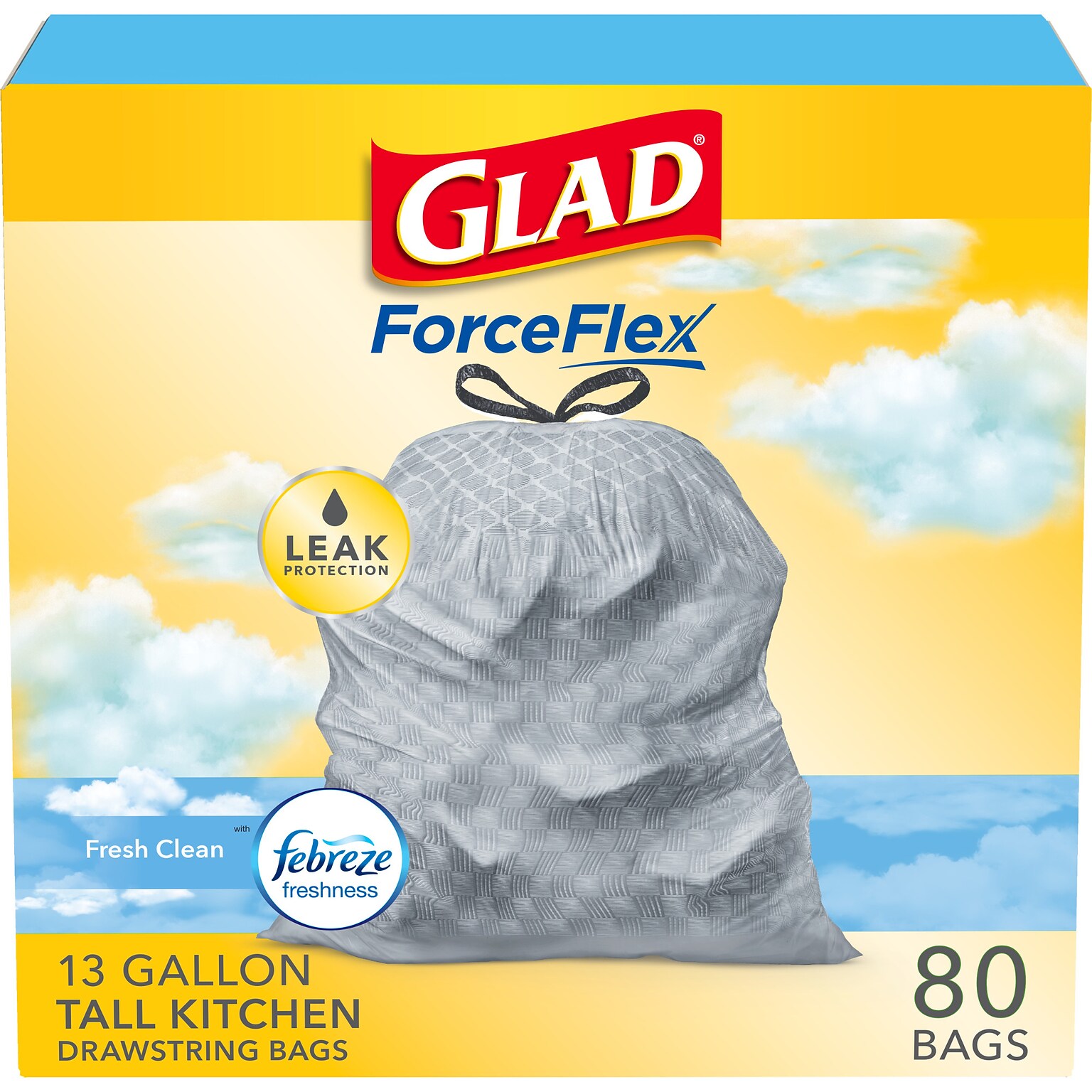 Glad ForceFlex Tall Kitchen Drawstring Trash Bags, 13 Gallon, Fresh Clean scent with Febreze Freshness, 80/Box(78534)