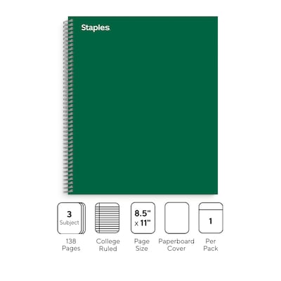 Staples® Premium 3-Subject Subject Notebooks, 8.5 x 11, College Ruled, 150 Sheets, Green (TR58362M