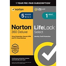 Norton 360 Deluxe with LifeLock Select for 5 Devices, Windows/macOS/Android/iOS, Download (21435235)