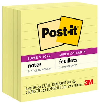 Post-it Super Sticky Notes, 4 x 4 in., 6 Pads, 90 Sheets/Pad, Lined, The Original Post-it Note, Cana