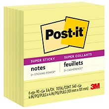 Post-it Super Sticky Notes, 4 x 4, Canary Collection, Lined, 90 Sheet/Pad, 6 Pads/Pack (675-6SSCY)