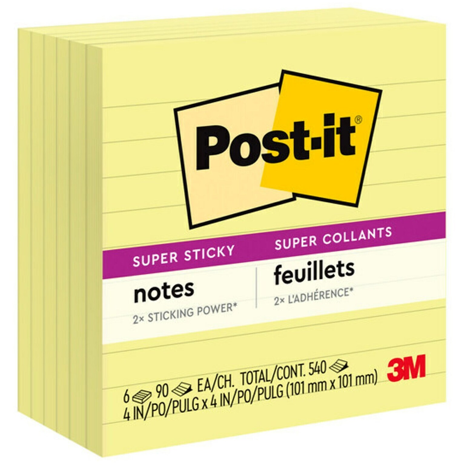 Post-it Super Sticky Notes, 4 x 4 in., 6 Pads, 90 Sheets/Pad, Lined, The Original Post-it Note, Canary Yellow