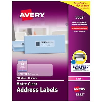 Avery Easy Peel Laser Address Labels, 1-1/3 x 4, Clear, 14 Labels/Sheet, 50 Sheets/Box   (5662)