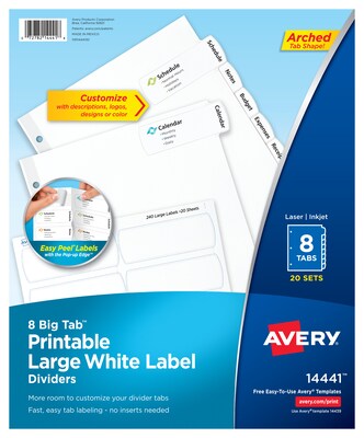 Avery Big Tab Printable Paper Dividers with Large White Labels, 8 Tabs, White, 20 Sets/Pack (14441)