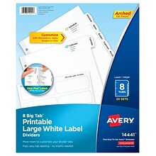 Avery Big Tab Printable Paper Dividers with Large White Labels, 8 Tabs, White, 20 Sets/Pack (14441)