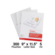 Staples Thermal Laminating Pouches, Letter Size, 5 Mil, 300/Box (5245701/5245702)
