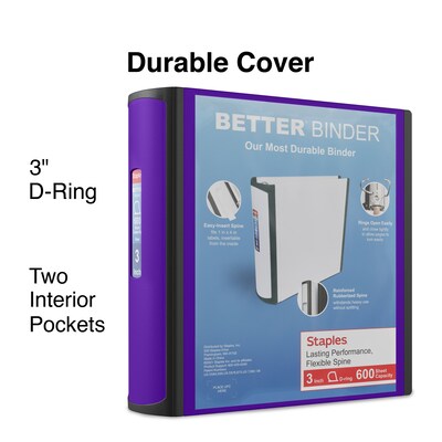 Staples® Better 3" 3 Ring View Binder with D-Rings, Purple (20246)