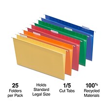 Staples® Heavy Duty Reinforced Hanging File Folders, 5-Tab, Legal Size, Assorted Colors, 25/Box (TR1