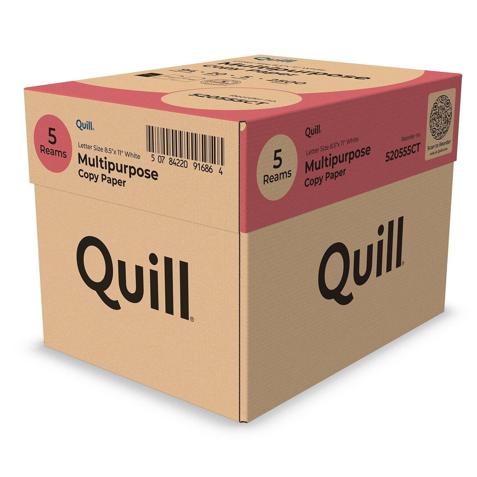 Quill Brand® 8.5 x 11 Multipurpose Copy Paper, 20 lbs., 94 Brightness, 500 Sheets/Ream, 5 Reams/Carton (520555)