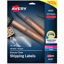 Avery Sure Feed Laser/Inkjet Shipping Labels, 2 x 4, Glossy Clear, 10 Labels/Sheet, 50 Sheets/Box,