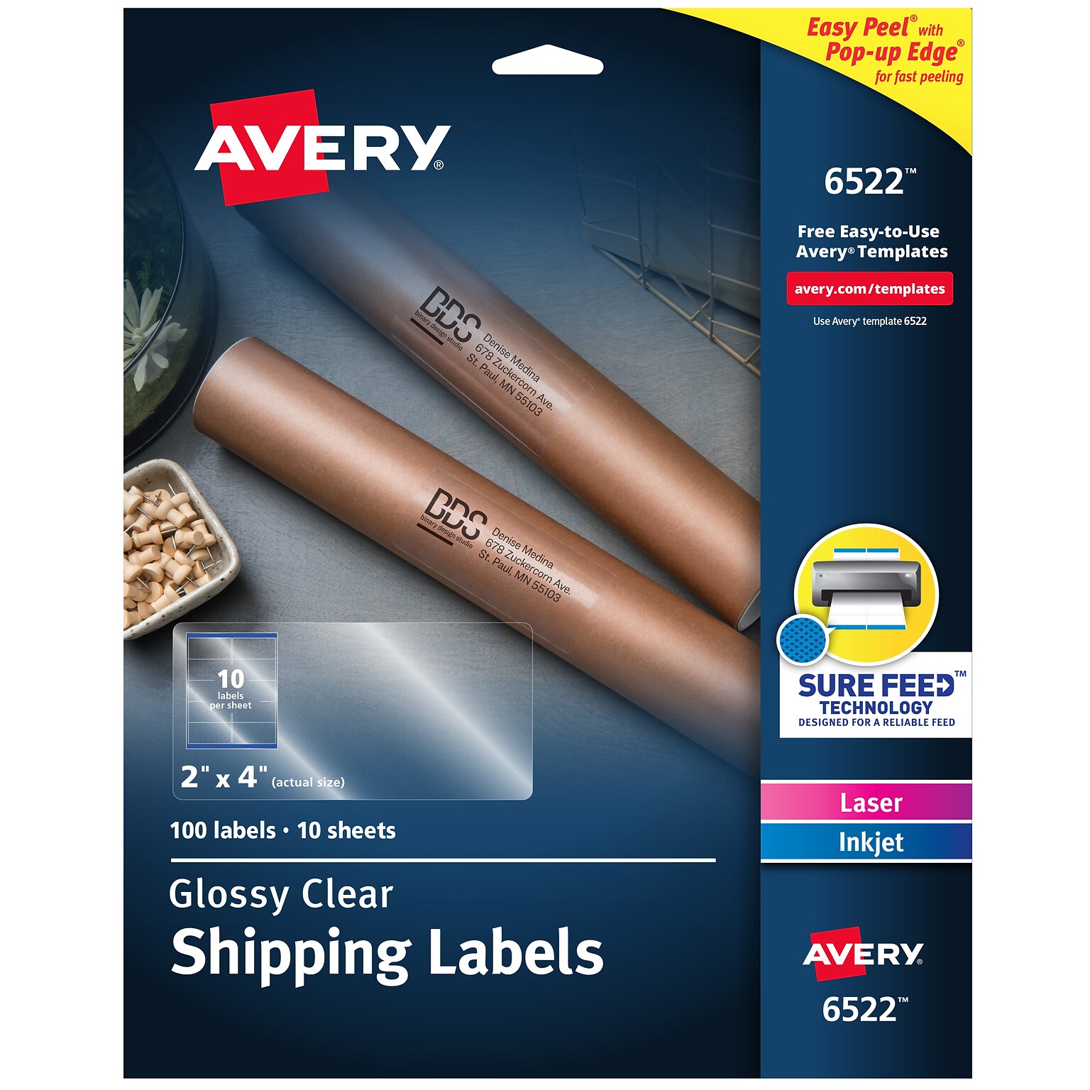 Avery Sure Feed Laser/Inkjet Shipping Labels, 2 x 4, Glossy Clear, 10 Labels/Sheet, 50 Sheets/Box, 100 Labels/Box (6522)