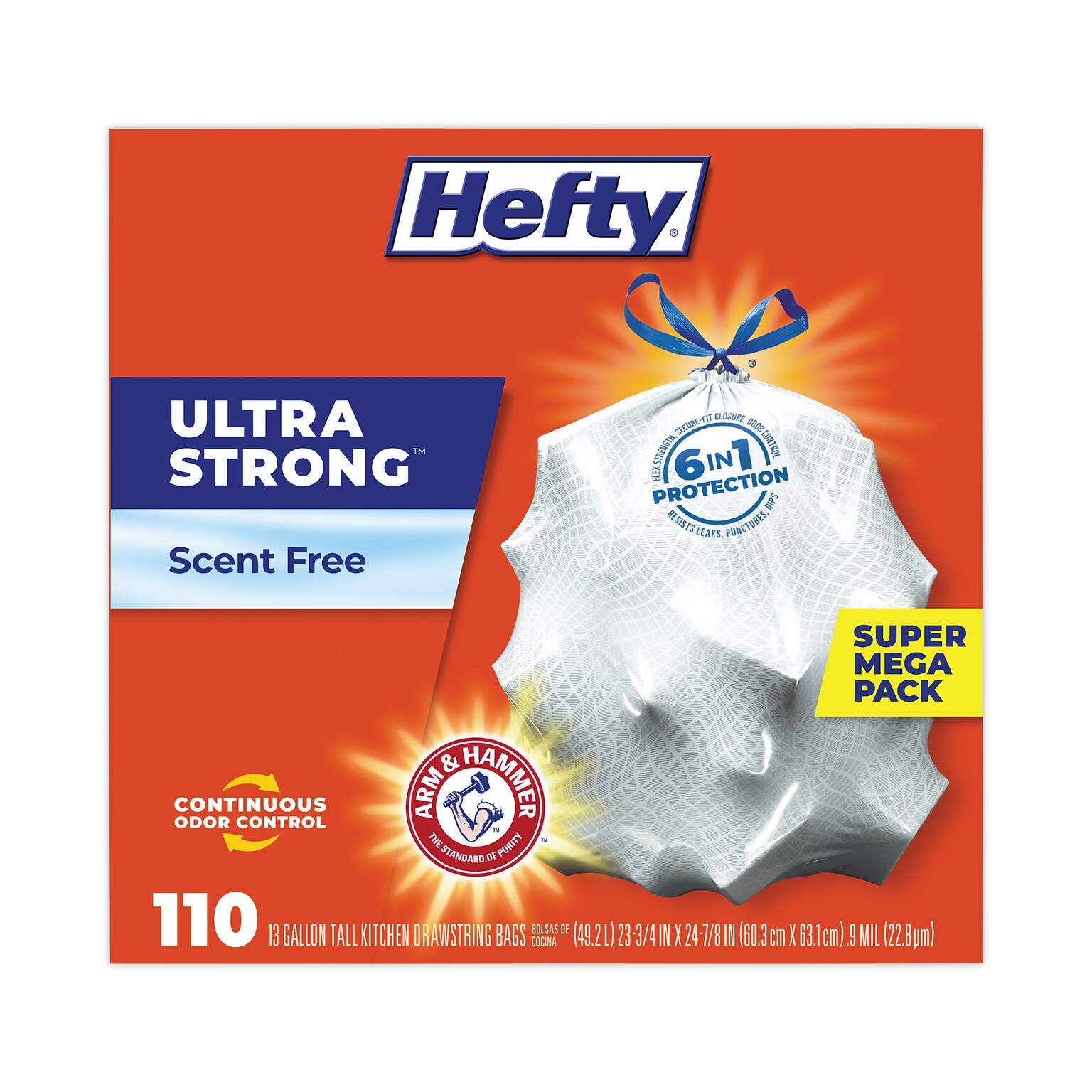 Hefty® Ultra Strong Tall Kitchen and Trash Bags, 13 gal, 0.9 mil, 23.75 x 24.88, White, 110 Bags/Box, 3 Boxes/Carton